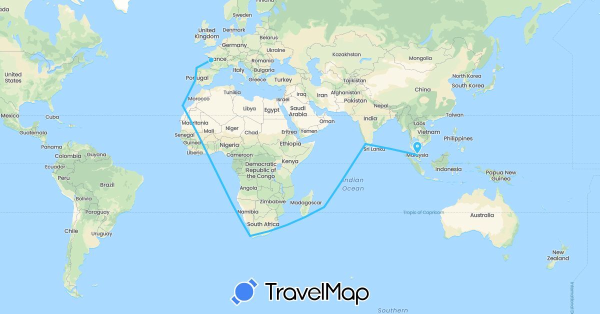 TravelMap itinerary: driving, boat in Spain, France, India, Malaysia, Portugal, South Africa (Africa, Asia, Europe)
